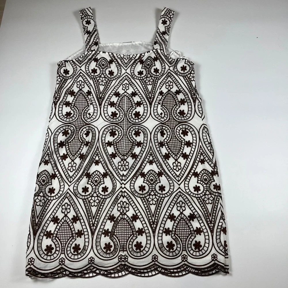 Talbots Petite Brown White Embroidered Eyelet Shift Dress Square Neck 12P